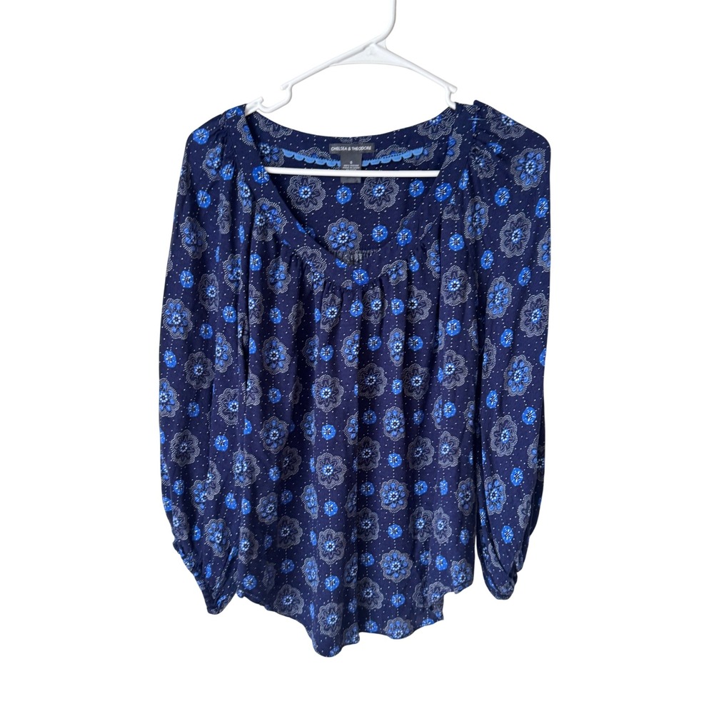 Chelsea & Theodore Navy Blue Floral Medallion V-Neck Viscose Blouse Small